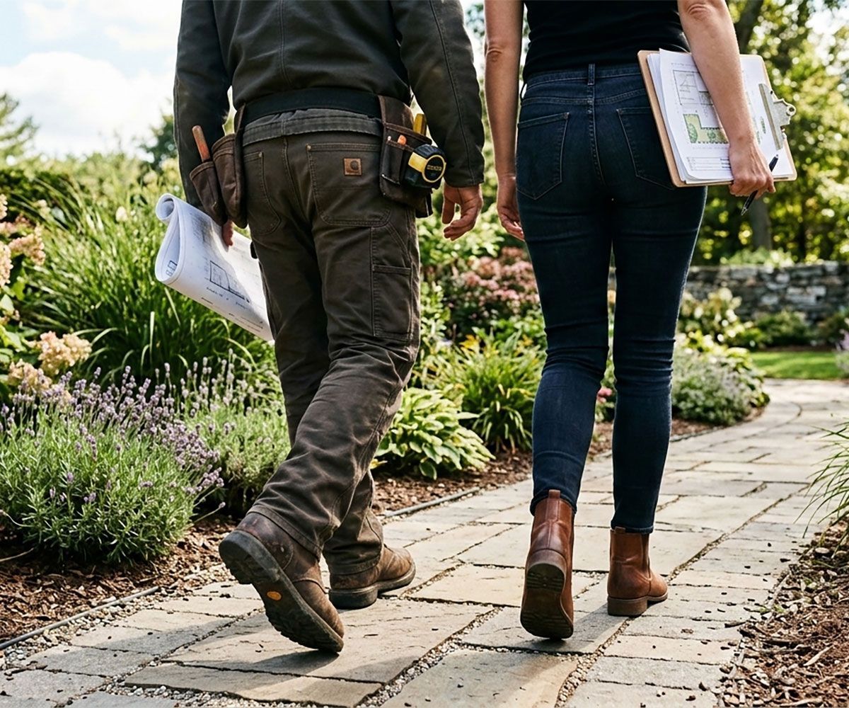 Northeast Ohio landscape contractor conducting a property walkthrough with client for a landscape design consultation.