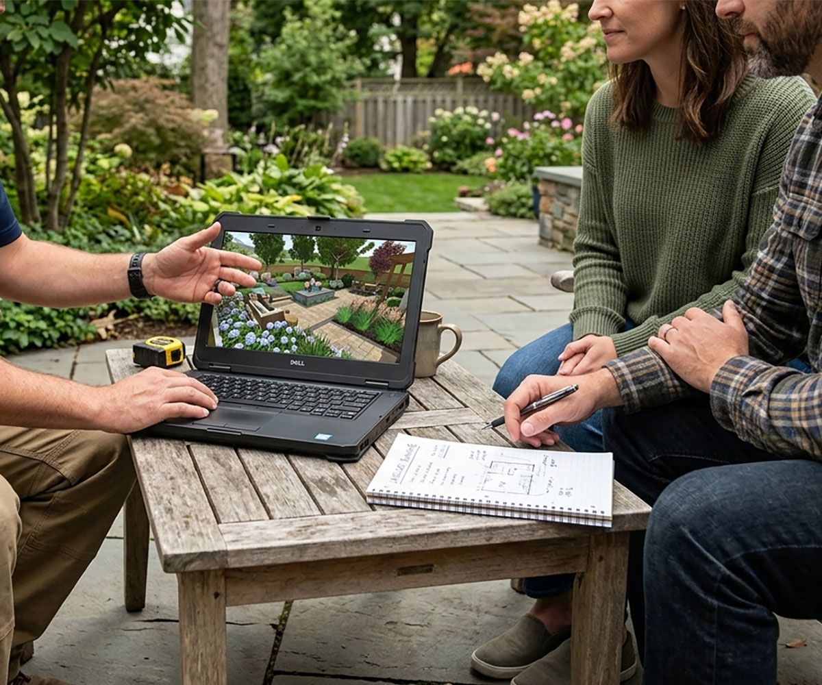 Northeast Ohio couple reviewing 3D landscape design with landscape contractor to renovate backyard design.
