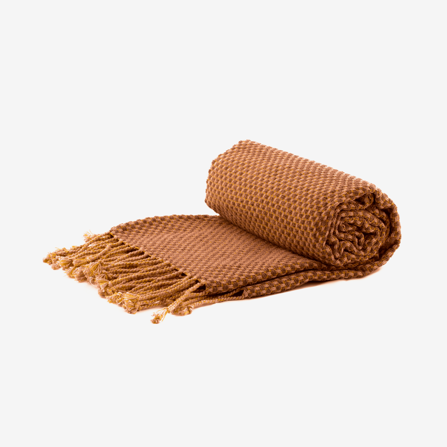 Brown woven blanket with fringe, partially rolled.