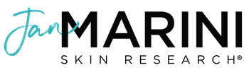 The logo for jean marini skin research is black and blue.