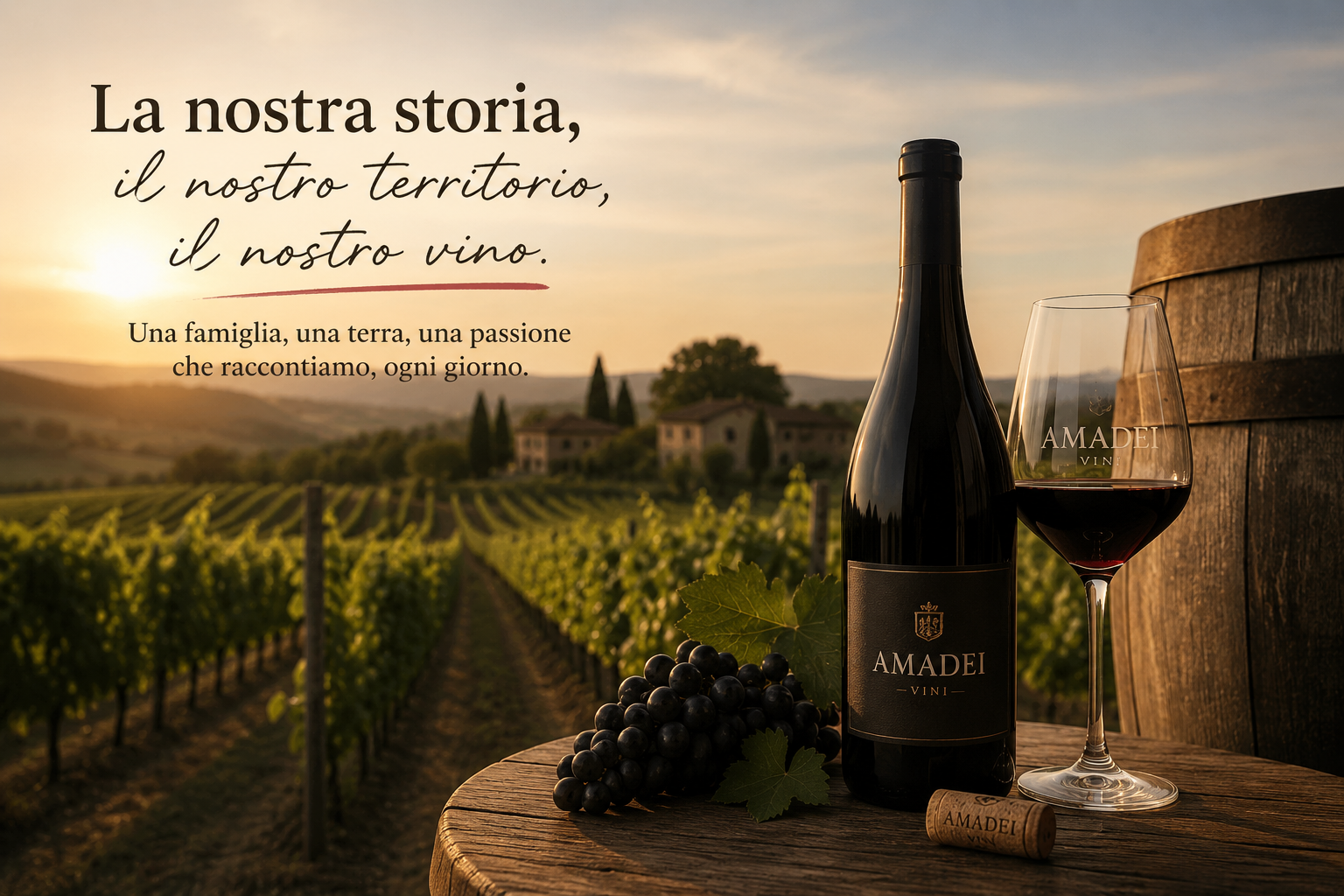 Pubblicità di un vino italiano al tramonto, con vigneto, bottiglia, calice, botte e uva accanto alla scritta 