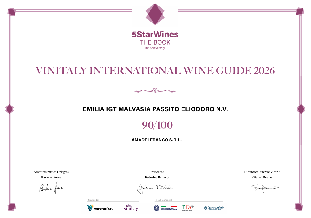 Certificato per la Guida Internazionale dei Vini Verticali 5StarWines 2024, bianco con bordo rosa.