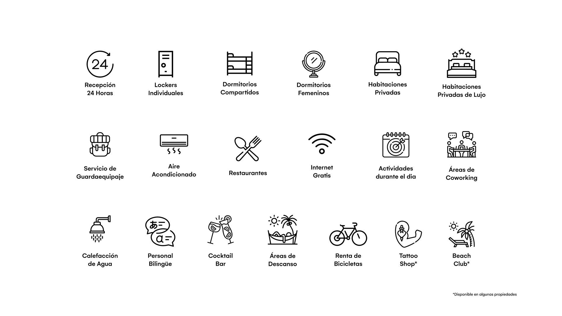 A set of black and white icons on a white background of nomads the hotel with the best amenities in cancun.