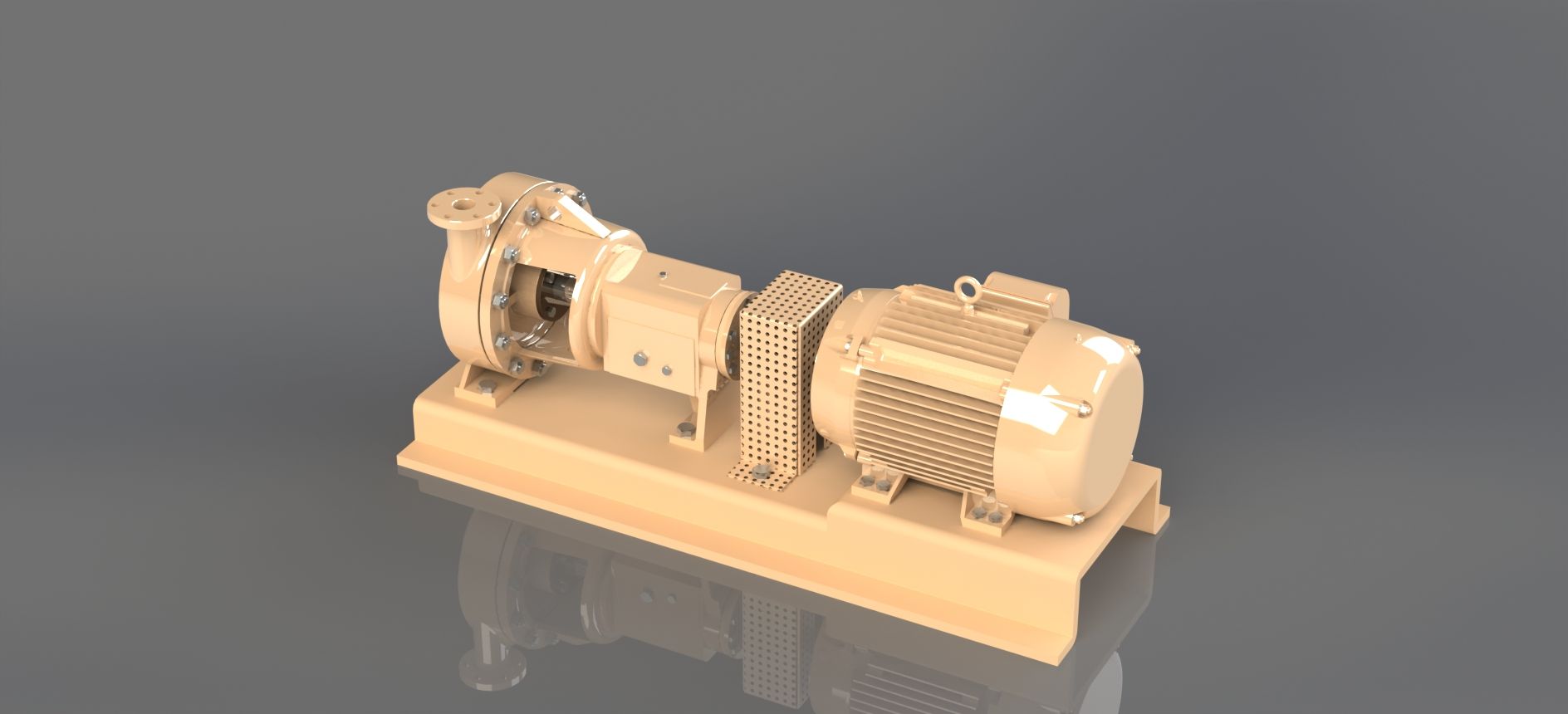 A 3d model of a pump with a motor attached to it.
