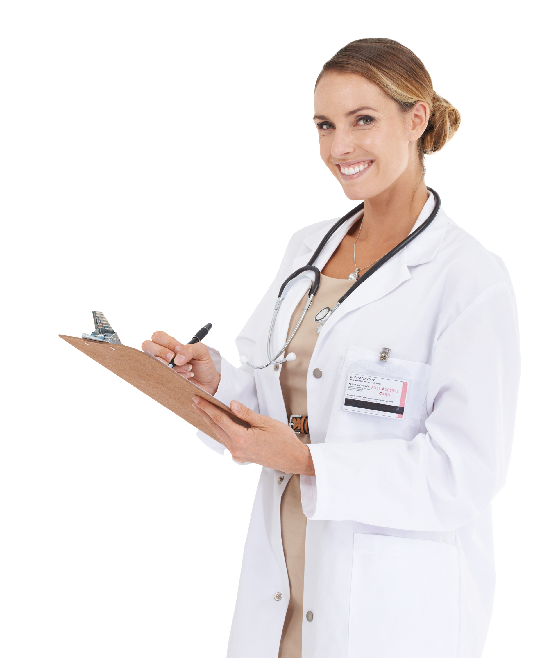 A female doctor is holding a clipboard and smiling.