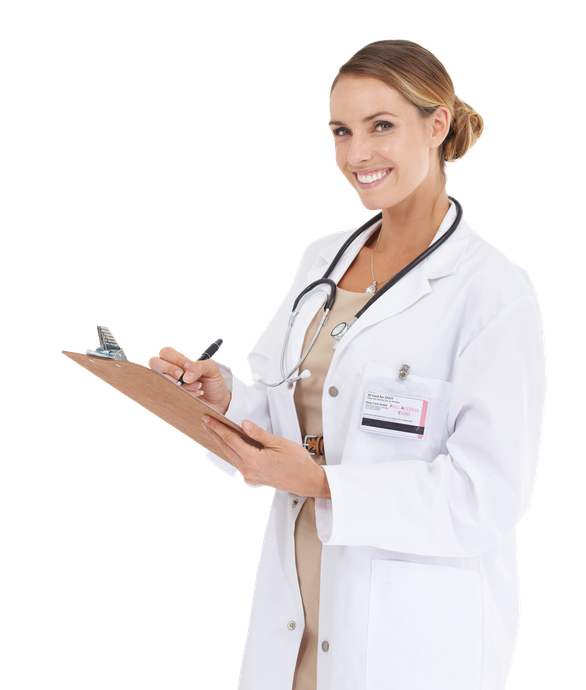 A female doctor is holding a clipboard and smiling.