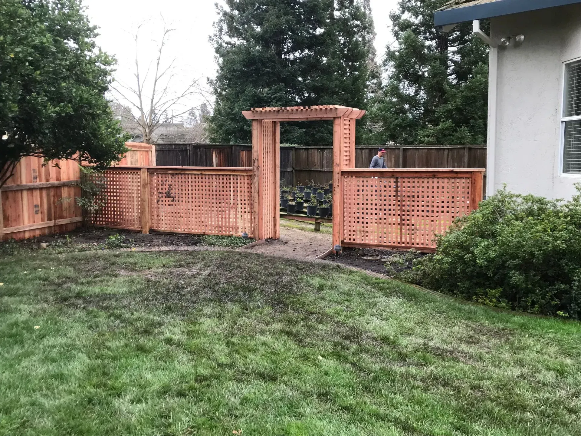 Wooden fence with lattice panels and an arched gate in a backyard.