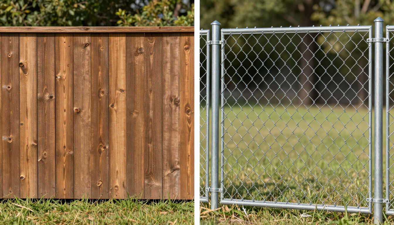 Wooden privacy fence beside a chain-link gate in a grassy yard.