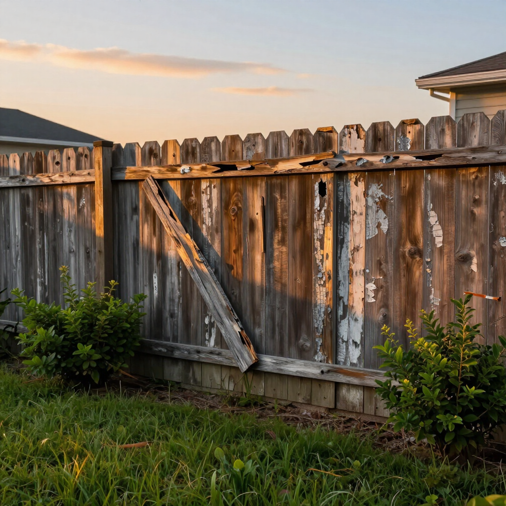 Weathered wooden backyard fence at sunset with grass and small shrubs in front