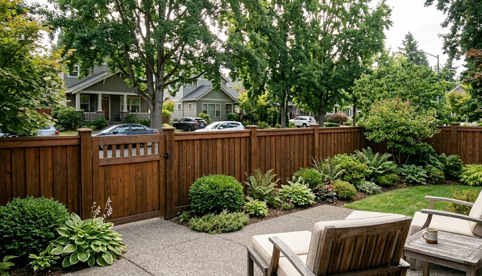 A peaceful backyard patio with two chairs, lush greenery, and a wooden fence with a gate, overlooking a suburban street.