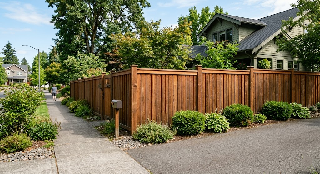 A tall, vertical-board wooden fence surrounds a house and yard, bordering a concrete sidewalk and an asphalt street.