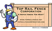 Cartoon duck in work clothes, thumbs up, in front of a fence and company logo with contact information.