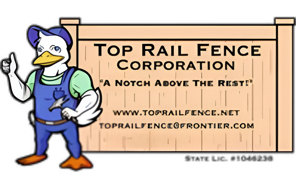 Cartoon duck in work clothes, thumbs up, in front of a fence and company logo with contact information.