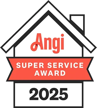 Angi Super Service Award 2025 badge: red Angi logo within a house outline; red banner with text; black 