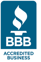 The Better Business Bureau (BBB) Accredited Business logo, featuring a white torch icon and text on a dark blue background.