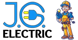 Logo for J.G. Electric featuring blue letters, a power plug icon, and an illustrated technician in yellow work gear.