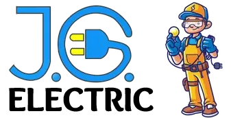 Logo for J.G. Electric featuring blue letters, a power plug icon, and an illustrated technician in yellow work gear.