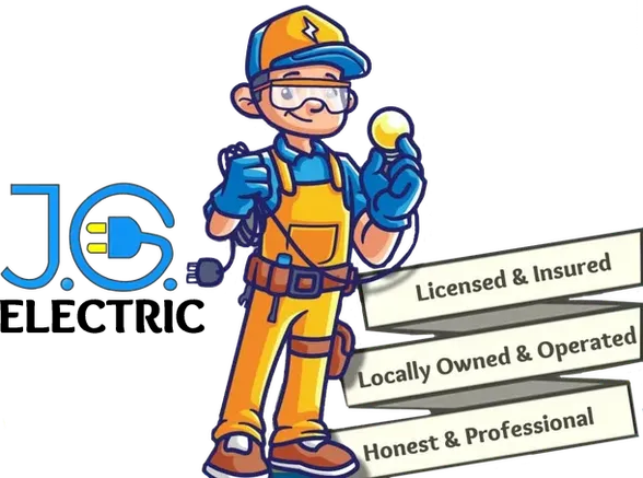 Logo for J.C. Electric showing a mascot wearing work gear with three text banners: Licensed, Local, and Professional.