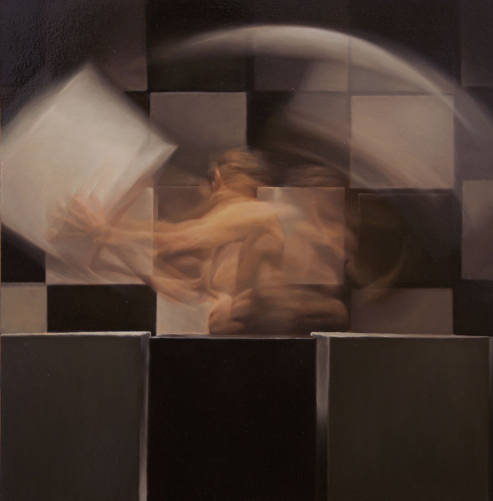 Liike-epäterävä kuva henkilöstä, joka liikuttaa valkoista suorakaiteen muotoista esinettä oikealta vasemmalle.