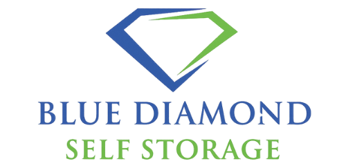 A blue and green logo for blue diamond self storage.