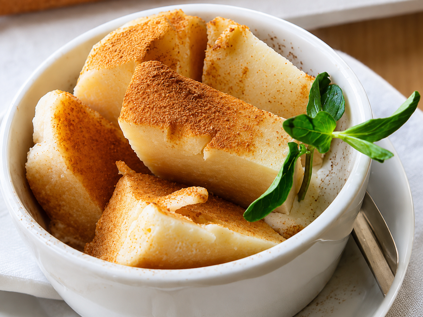 Rebanadas de postre blanco en un tazón, cubiertas con hojas de canela y menta, con una cuchara al lado.
