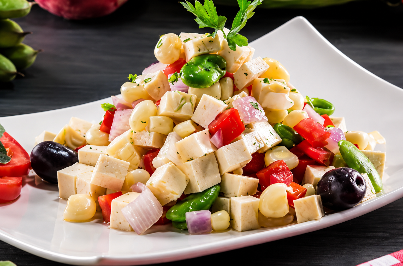 Ensalada de queso en cubos con verduras picadas y aceitunas negras en un plato blanco.