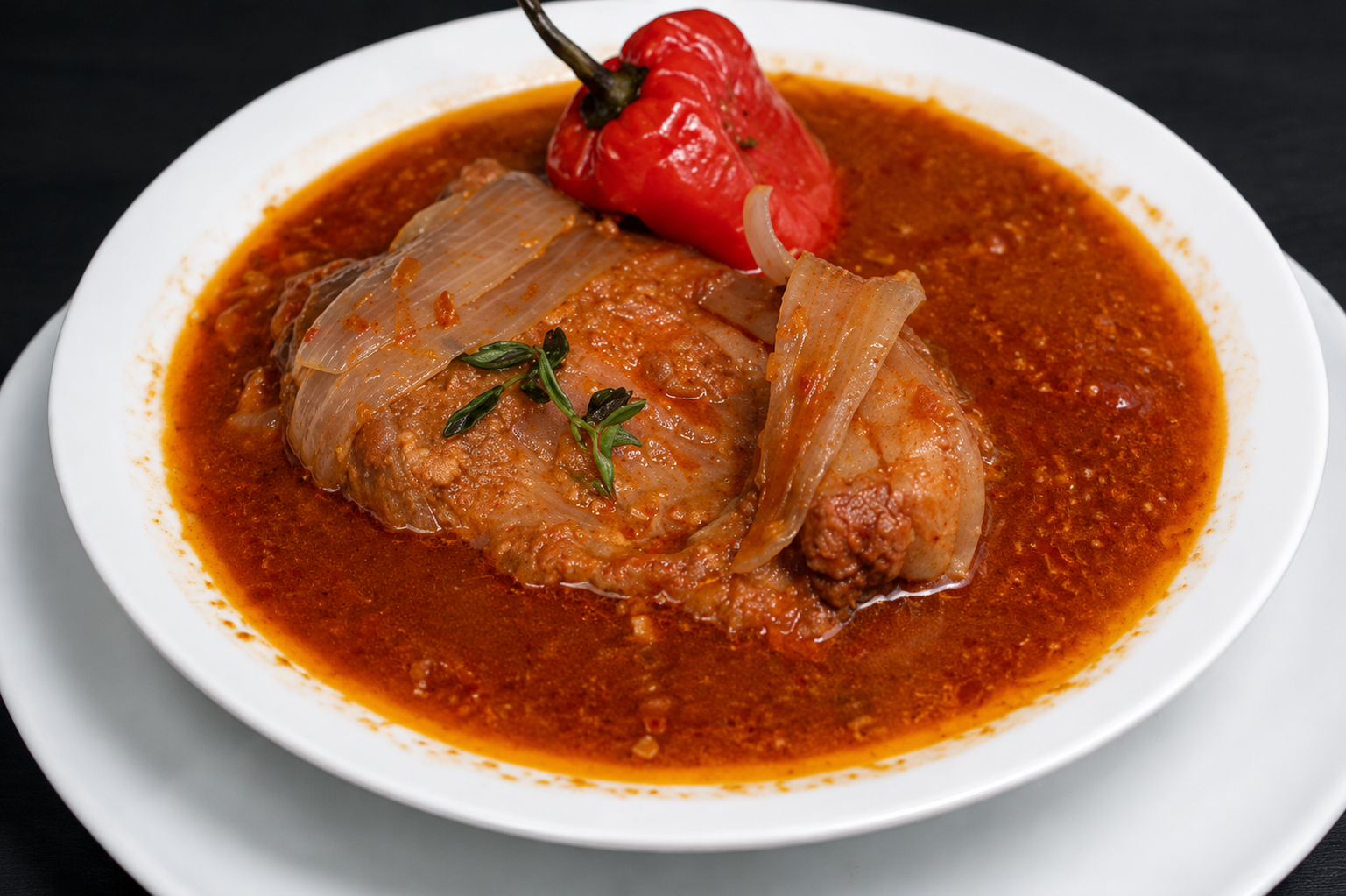 Carne estofada en salsa roja sobre un plato blanco, coronada con pimiento rojo y hierbas.