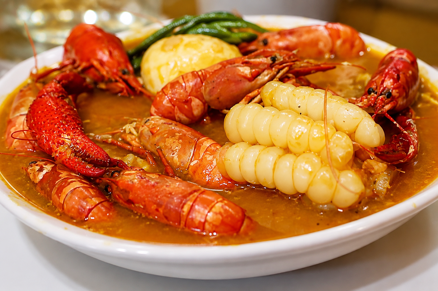 Guiso de mariscos con cangrejos de río rojos, mazorcas de maíz y patatas en un sabroso caldo servido en un plato blanco.