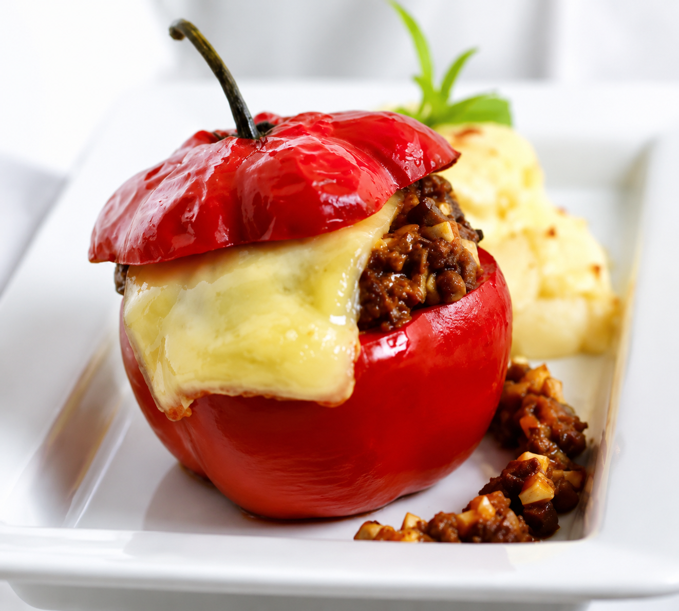 Postre de manzana roja al horno relleno de crumble y crema en un plato blanco, con otra porción detrás.