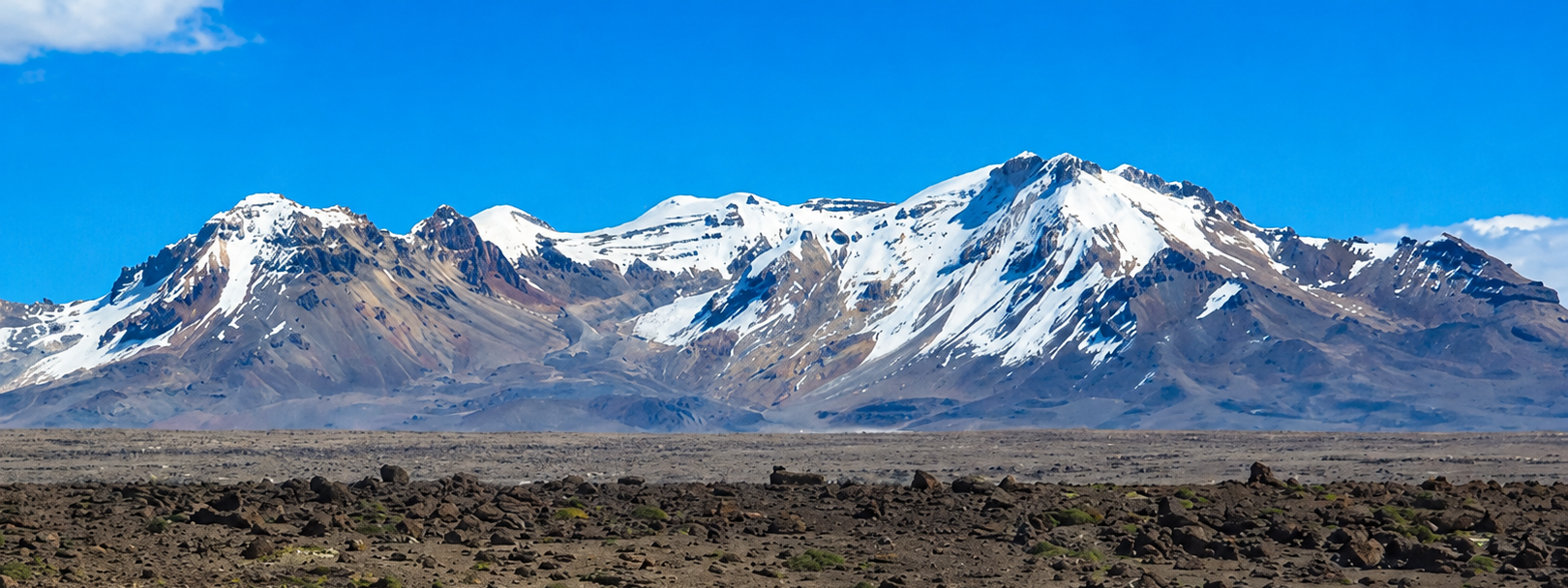 Cordillera cubierta de nieve bajo un cielo azul claro con una llanura árida en primer plano.