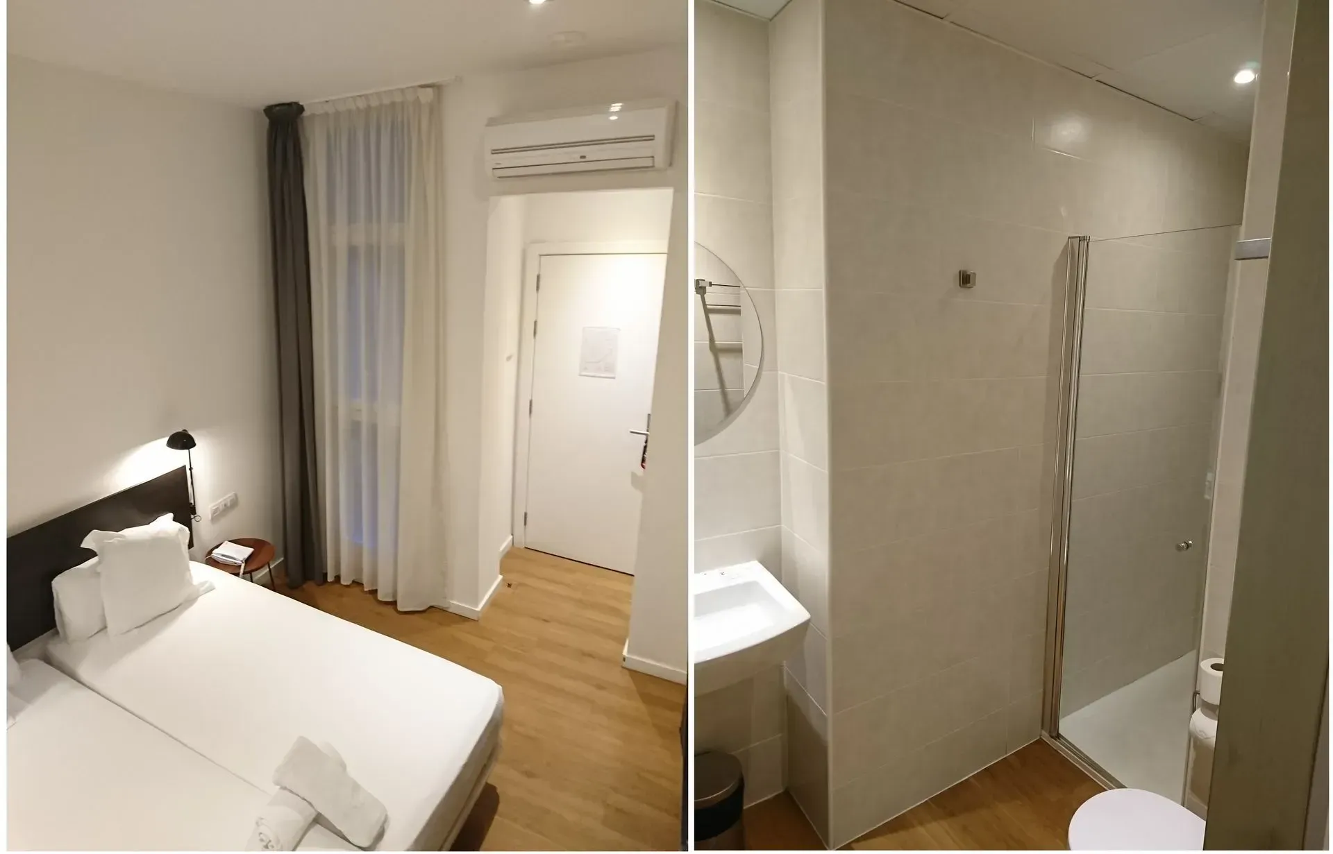 Vista dividida de una habitación de hotel con una cama hecha y cortinas, y un baño adyacente con ducha y lavabo.