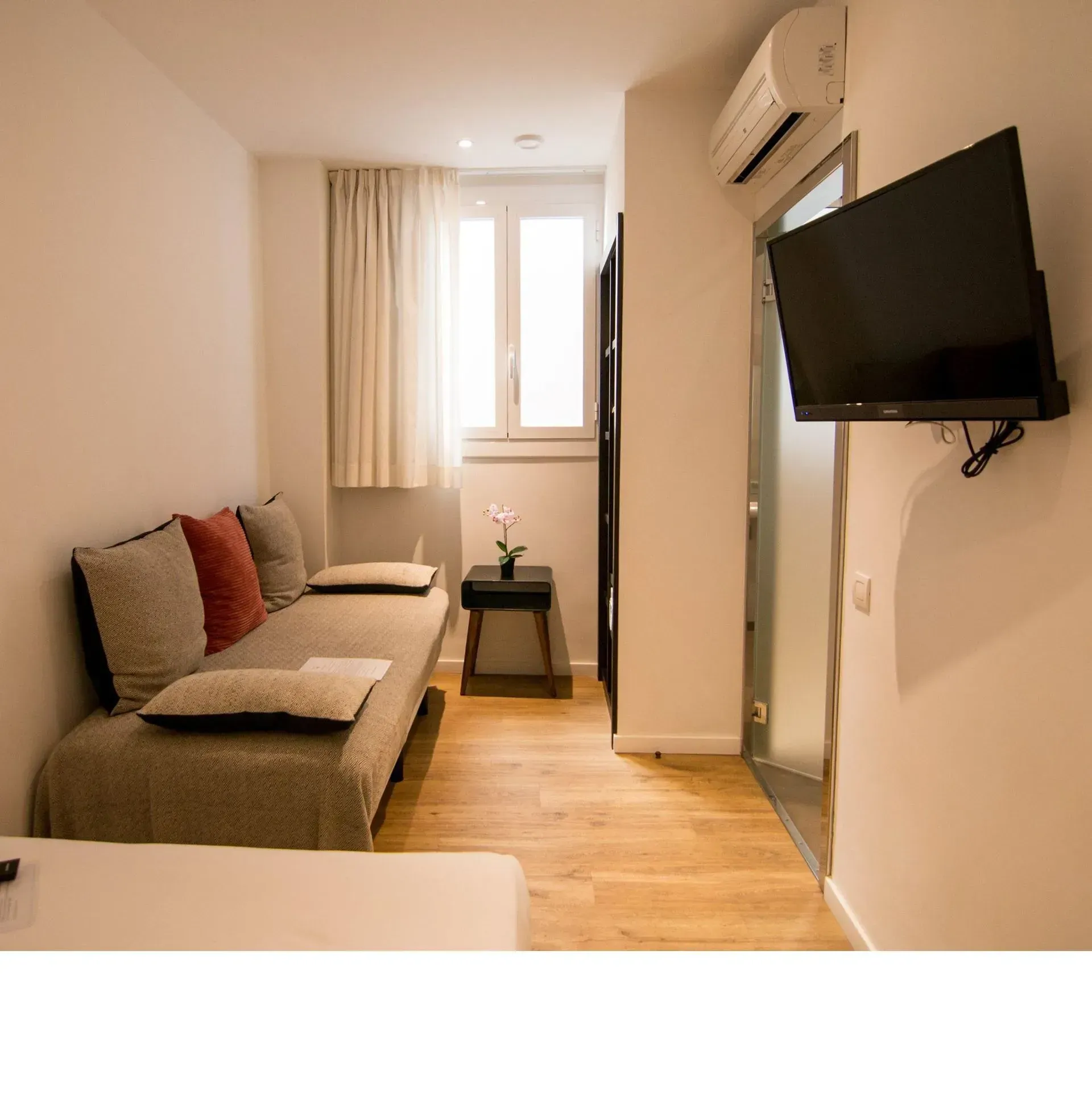 Una moderna habitación de hotel con un sofá cama, una pequeña mesa con una flor, suelo de imitación madera.