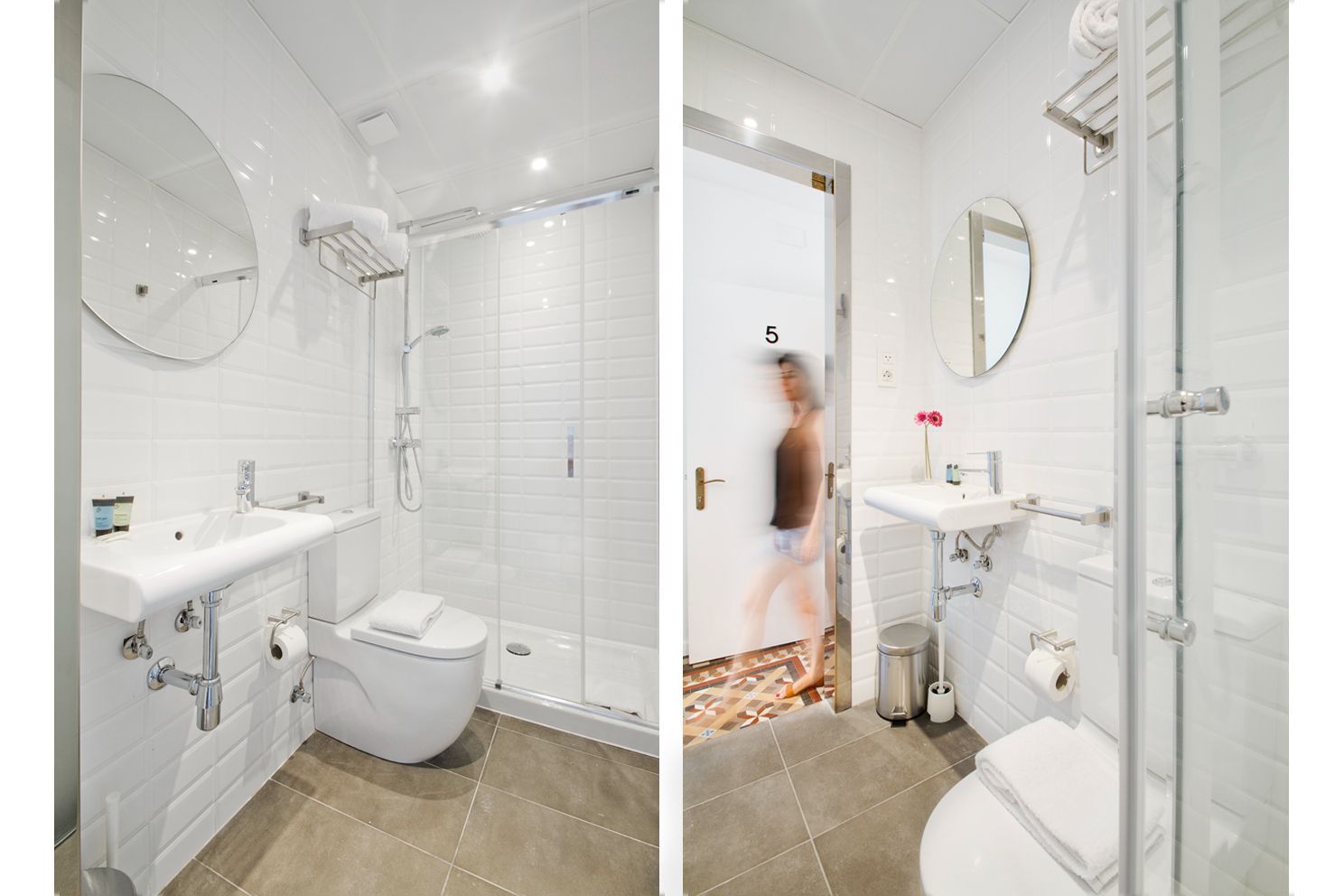 Dos vistas de un baño moderno con azulejos blancos que incluye una ducha de cristal.