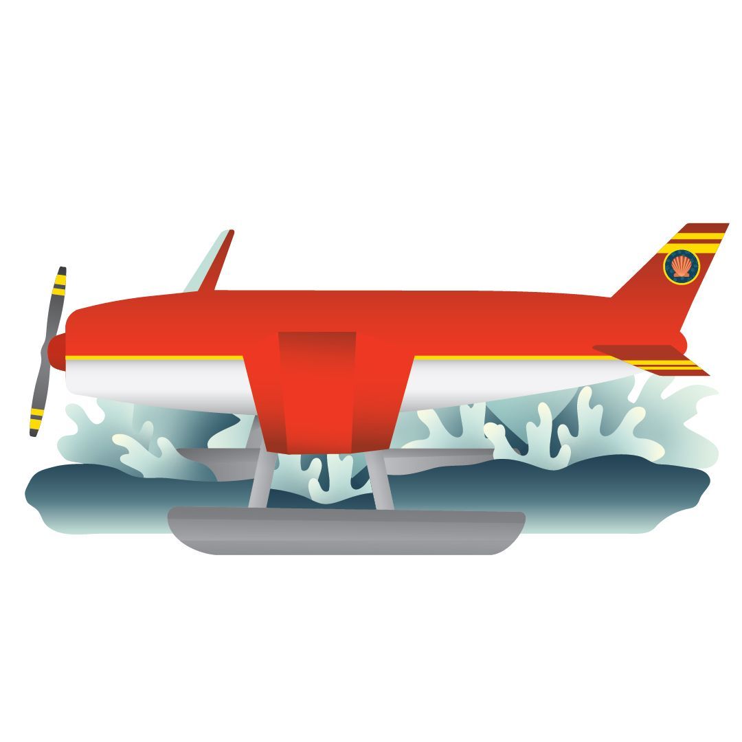 A red airplane with a propeller is floating in the water