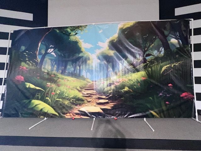 A painting of a path through a lush green forest