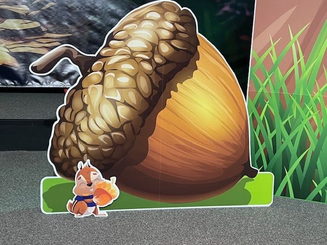A cardboard cutout of an acorn with a squirrel standing next to it