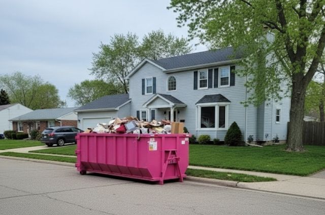 Bright pink dumpster overflowing with trash on a residential suburban street in front of a gray house