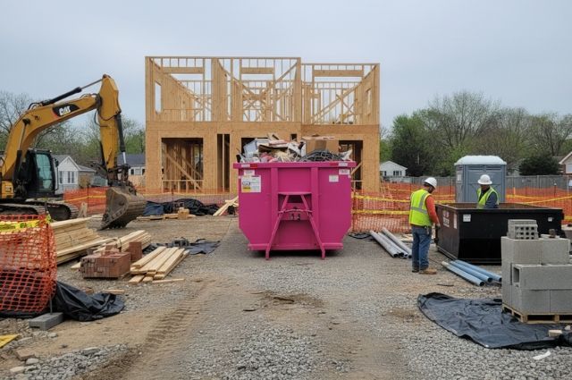 Construction site with wooden house framing, excavator, pink dumpster, and worker in safety vest