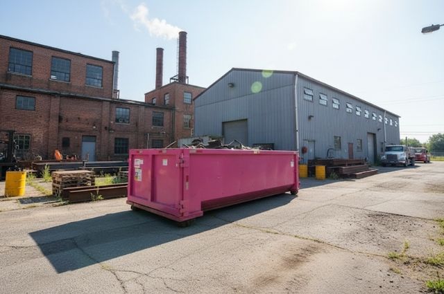 Pink dumpster in an industrial alley beside brick and gray buildings on a sunny day