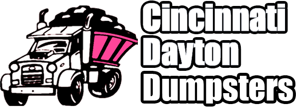 Cincinnati Dayton Dumpsters logo with a white dump truck hauling a pink dumpster on a black background