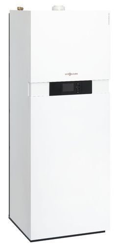 White gas boiler with black control panel and a small display screen.