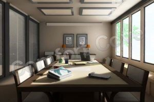 Conference room with long table, chairs, windows, and artwork.