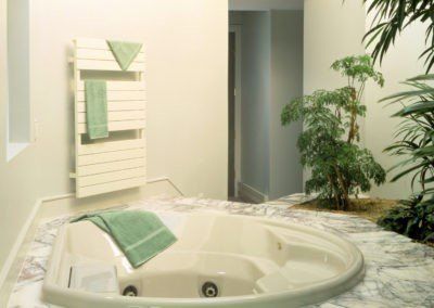 Bathroom with a jacuzzi, heated towel rack, and greenery; towels are green.