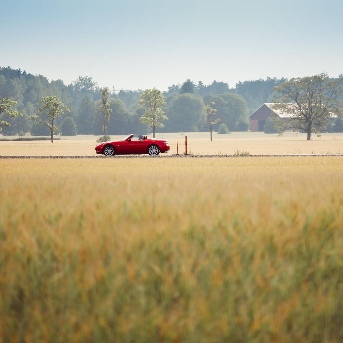 Red convertible driving on a rural road through a field, sunny day.