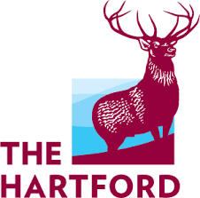 The Hartford logo: burgundy stag on a hill, with a blue square, and text below.