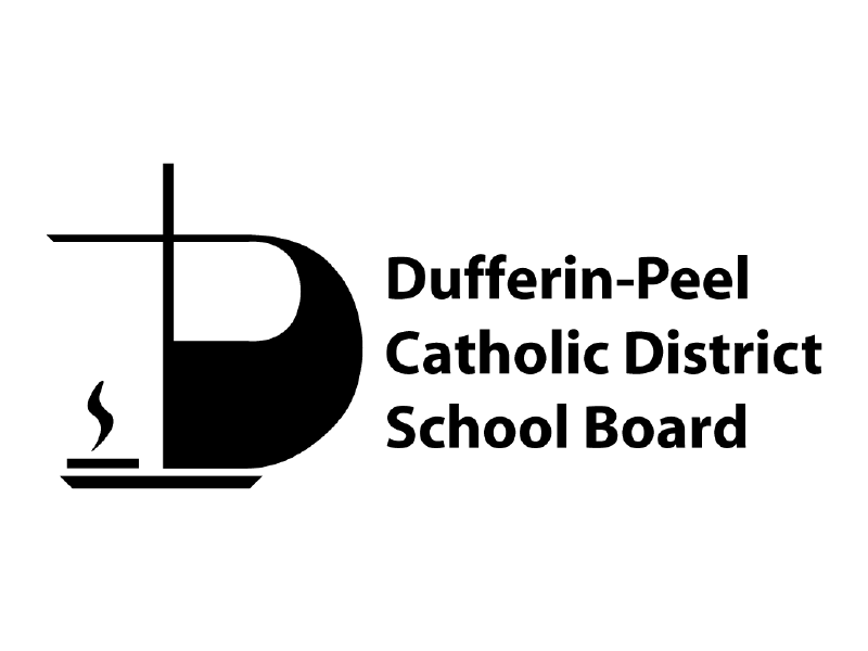 A black and white logo for the dufferin-peel catholic district school board.