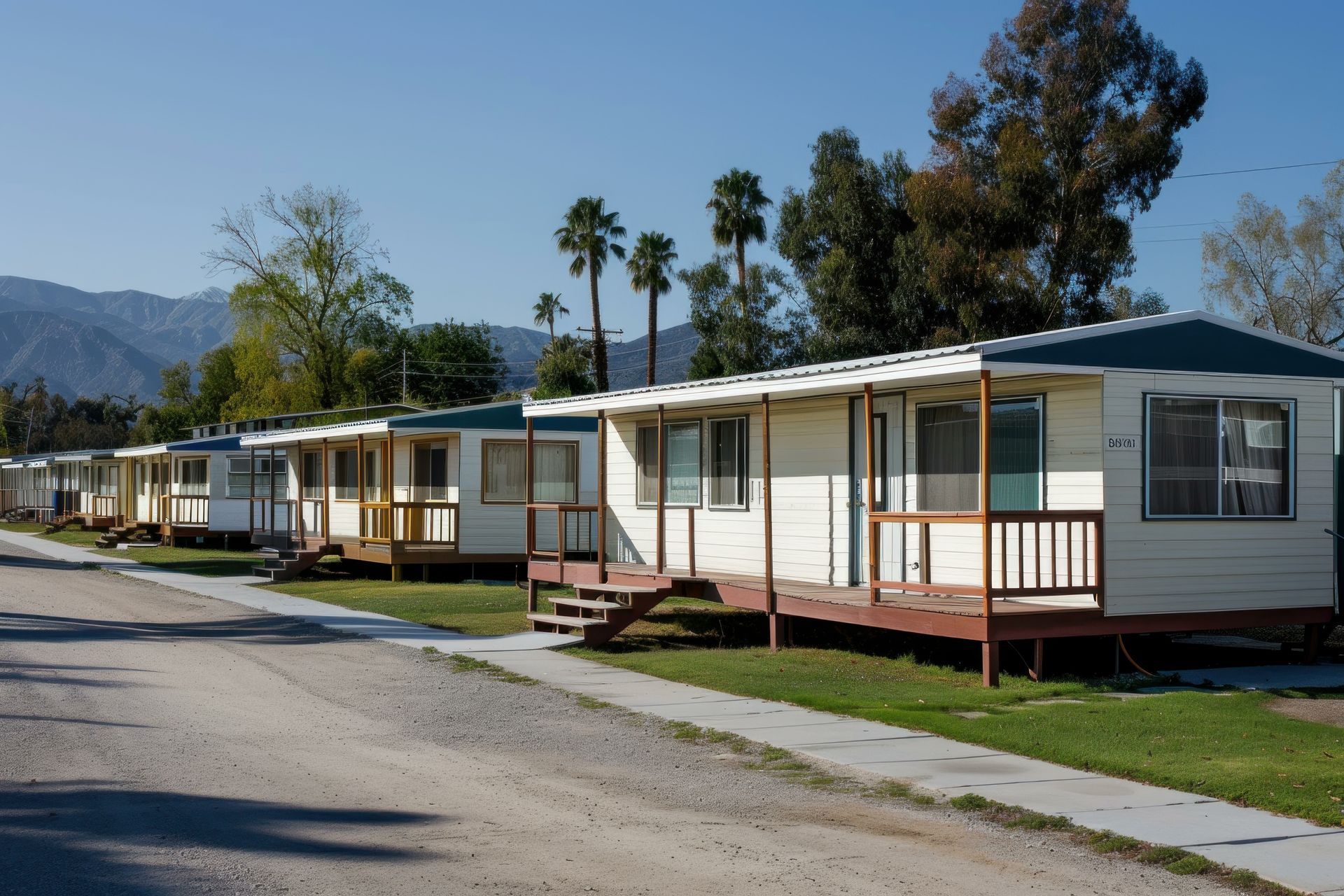 A row of mobile homes with mountains in the background