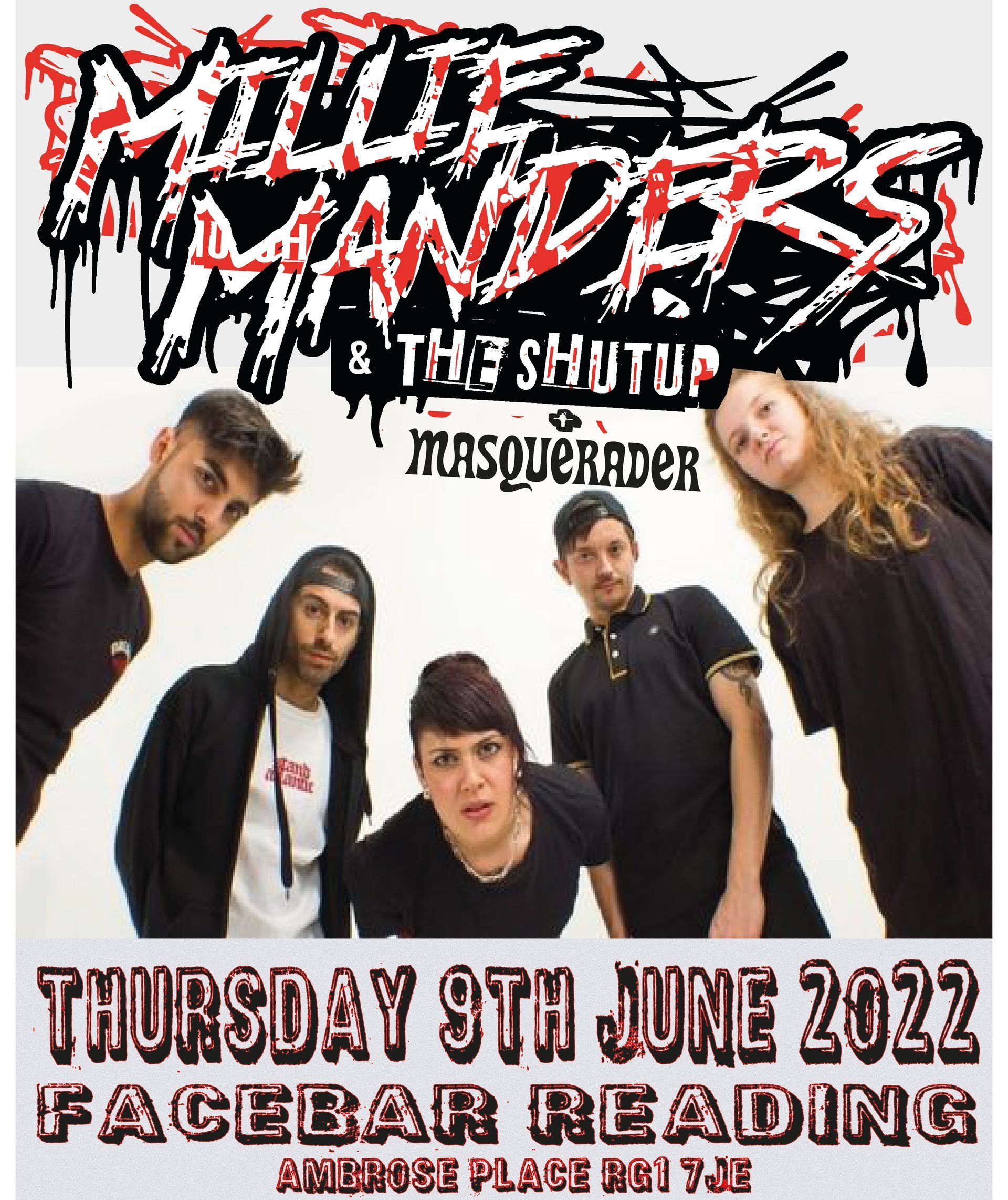 A group of people standing next to each other on a poster that says thursday 9th june 2022 facebar reading