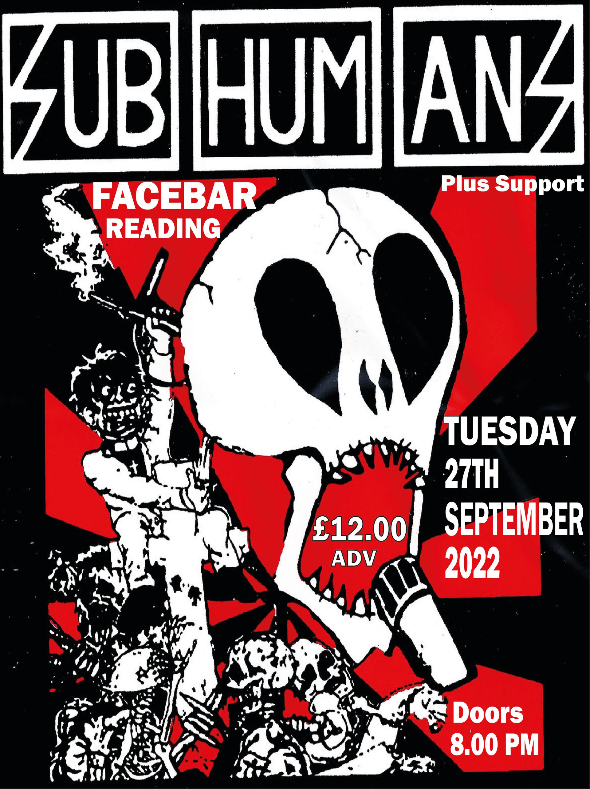 A poster for subhumans facebar reading on tuesday 27th september 2022