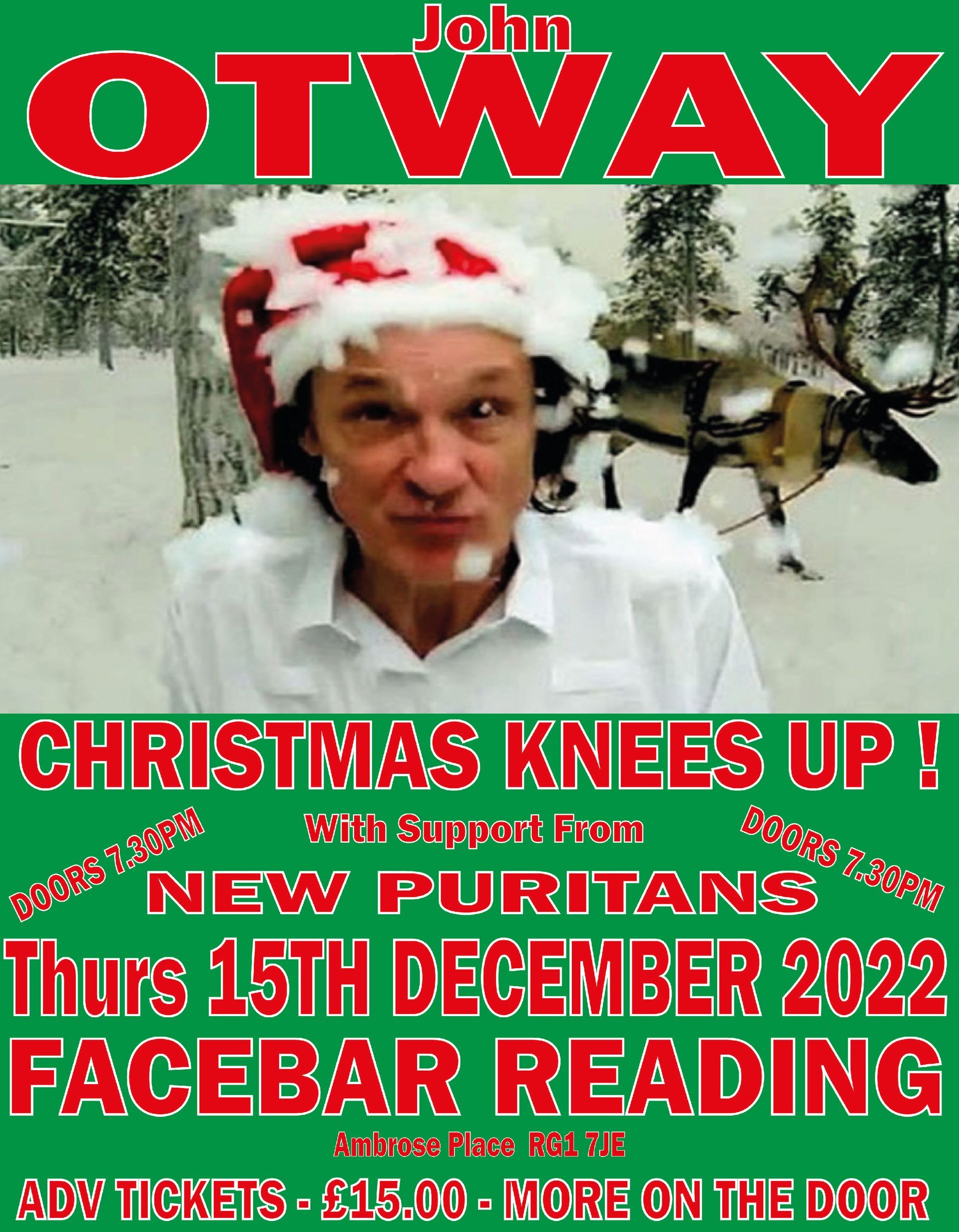 A poster for john o'way shows a man in a santa hat